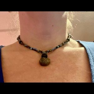 Handmade Choker Necklace with Sparkling, Crystal Centre w Blue & Copper Beads